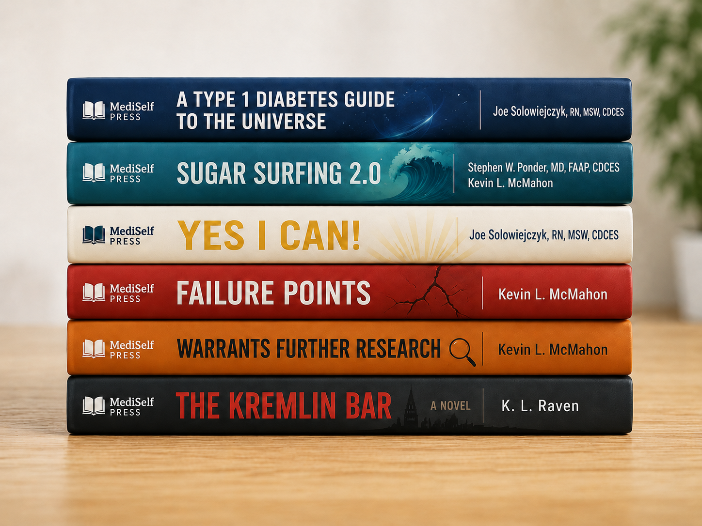 Stack of MediSelf Press books showing the current catalogue