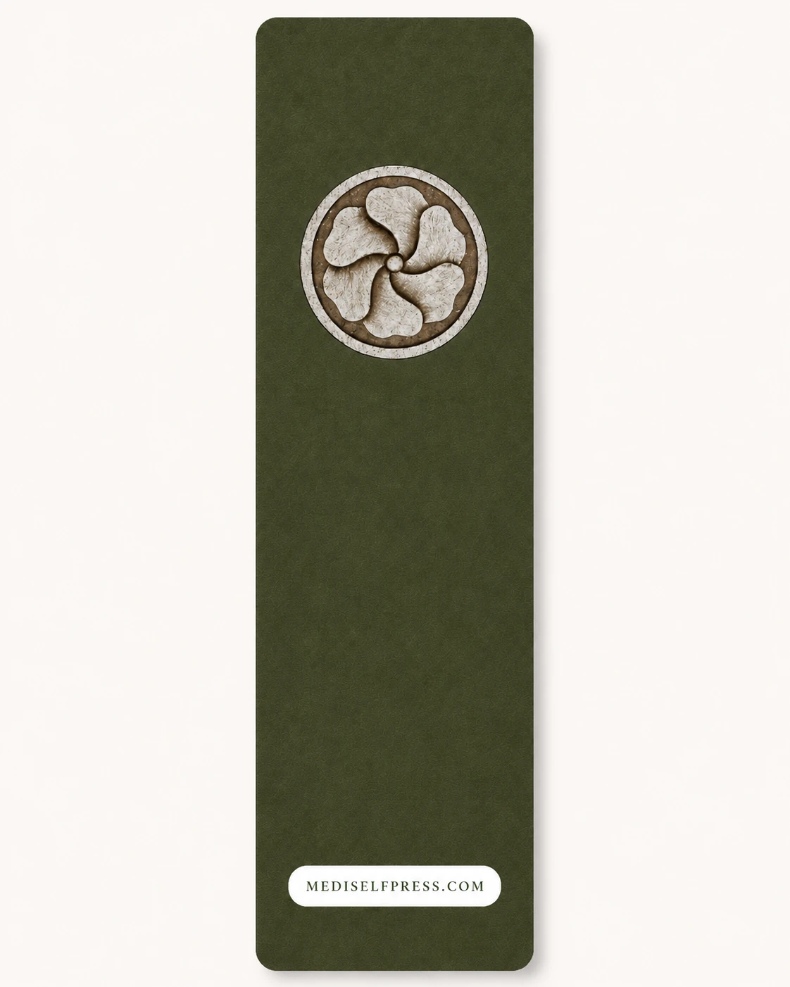 Deep green reverse side of the INSPIRED bookmark with the MediSelf Press emblem